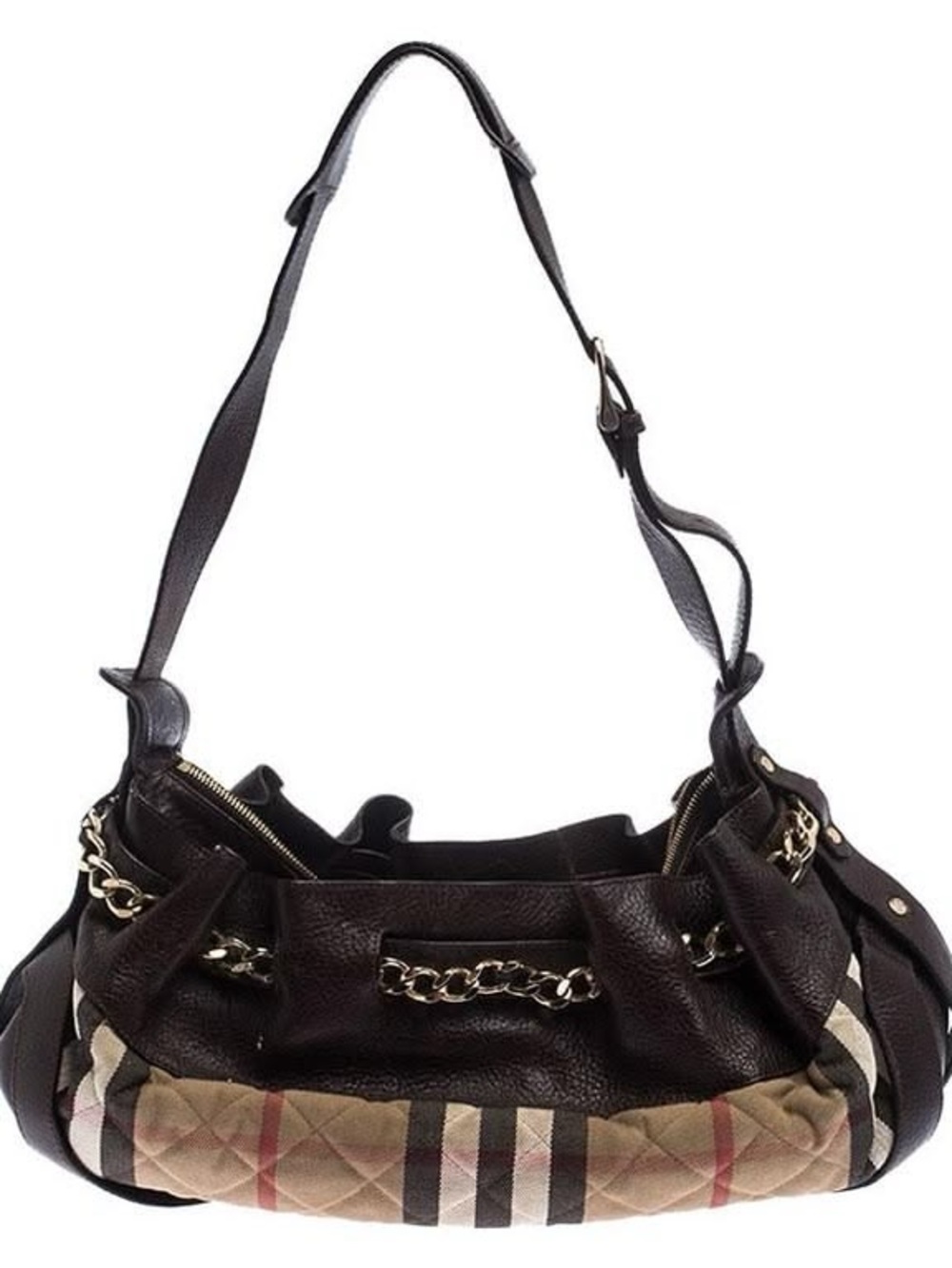 Burberry Margaret Shoulder Bag Quilted Plaid Fabric Leather Brass